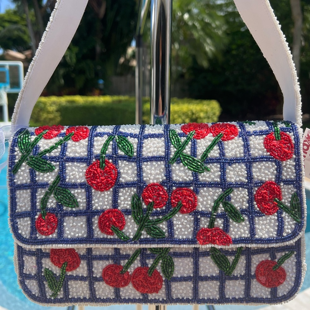 New RARE Cherry Beaded Bag Grid Pattern Red Blue Made in India VIRAL